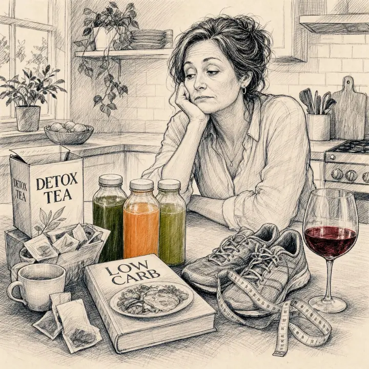 Sketch of a tired woman leaning on a kitchen counter covered with detox tea, juice bottles, a low-carb cookbook, running shoes, a tape measure and a glass of wine.