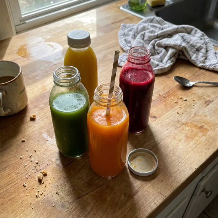 Four bottles of colorful juice on a wooden kitchen counter.